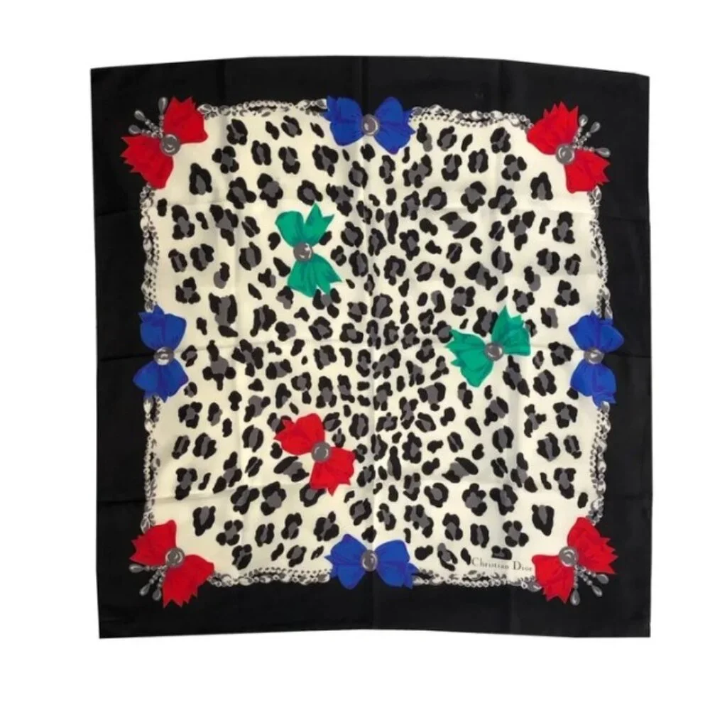 ❤️CHRISTIAN DIOR Bows and Leopard Print Silk Scarf